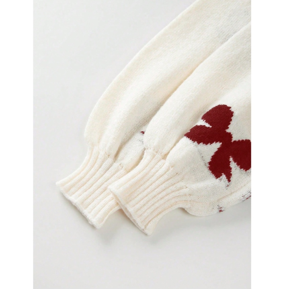 Off White Cardigan With Burgundy Front Ties and Bow Print Pattern Oversized - Picture 8 of 11